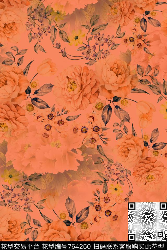 大花花朵花卉数码印花华亿平台下载（图片编号: 764250） - 瓦栏（Walan）