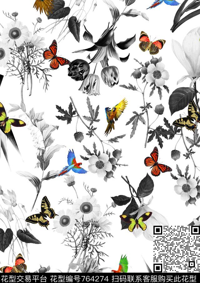 花朵花卉小鸟数码印花华亿平台下载（图片编号: 764274） - 瓦栏（Walan）
