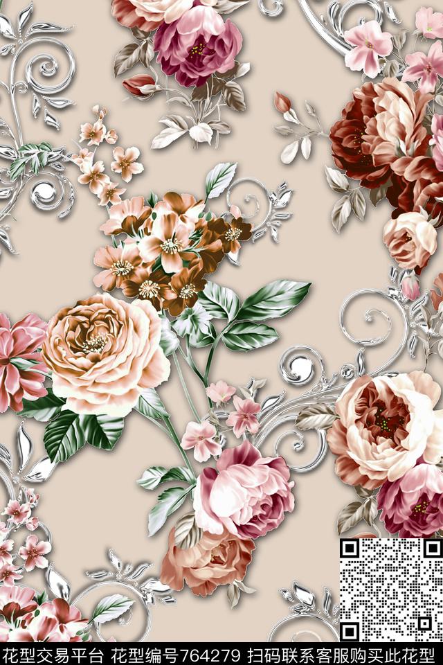 花卉欧式花纹牡丹数码印花华亿平台下载（图片编号: 764279） - 瓦栏（Walan）