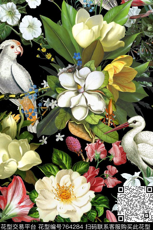 花卉玉兰花鹦鹉数码印花华亿平台下载（图片编号: 764284） - 瓦栏（Walan）