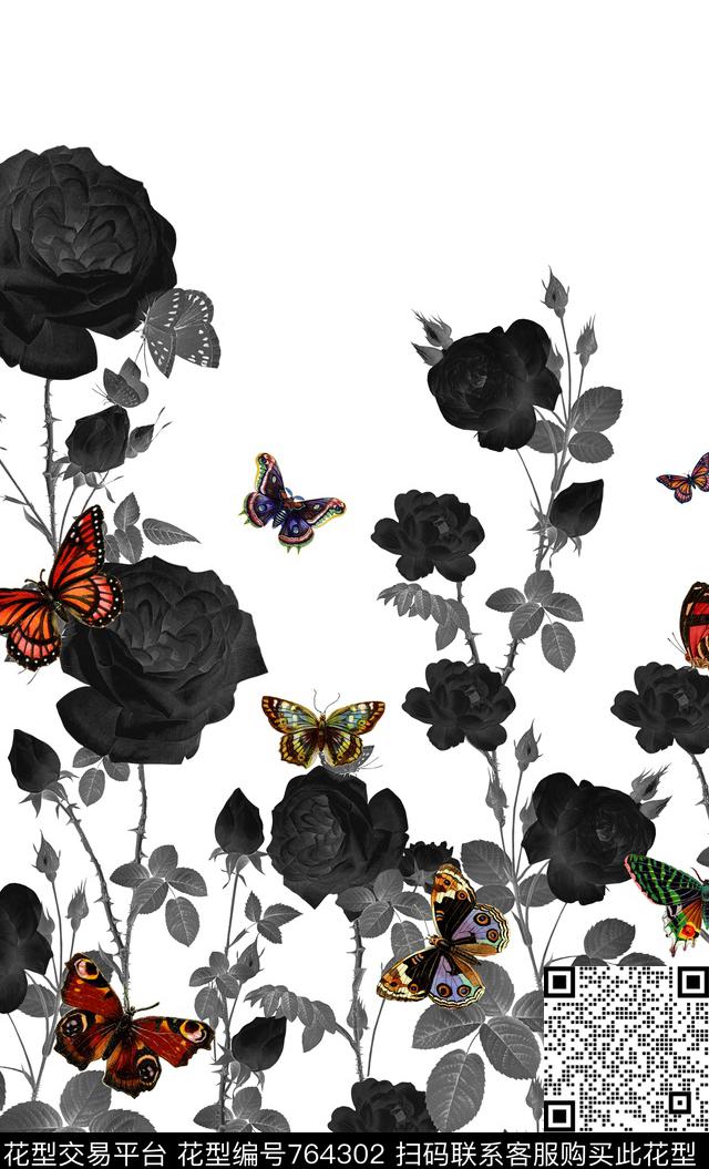 花朵蝴蝶花卉数码印花华亿平台下载（图片编号: 764302） - 瓦栏（Walan）
