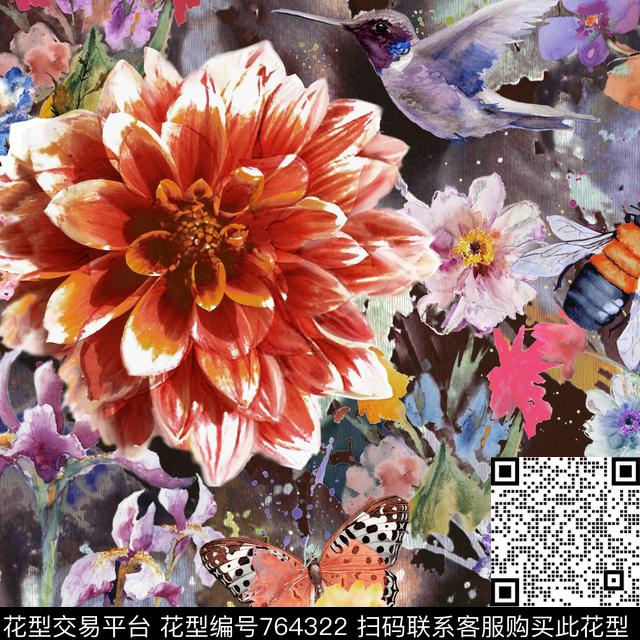 肌理水墨笔触数码印花华亿平台下载（图片编号: 764322） - 瓦栏（Walan）