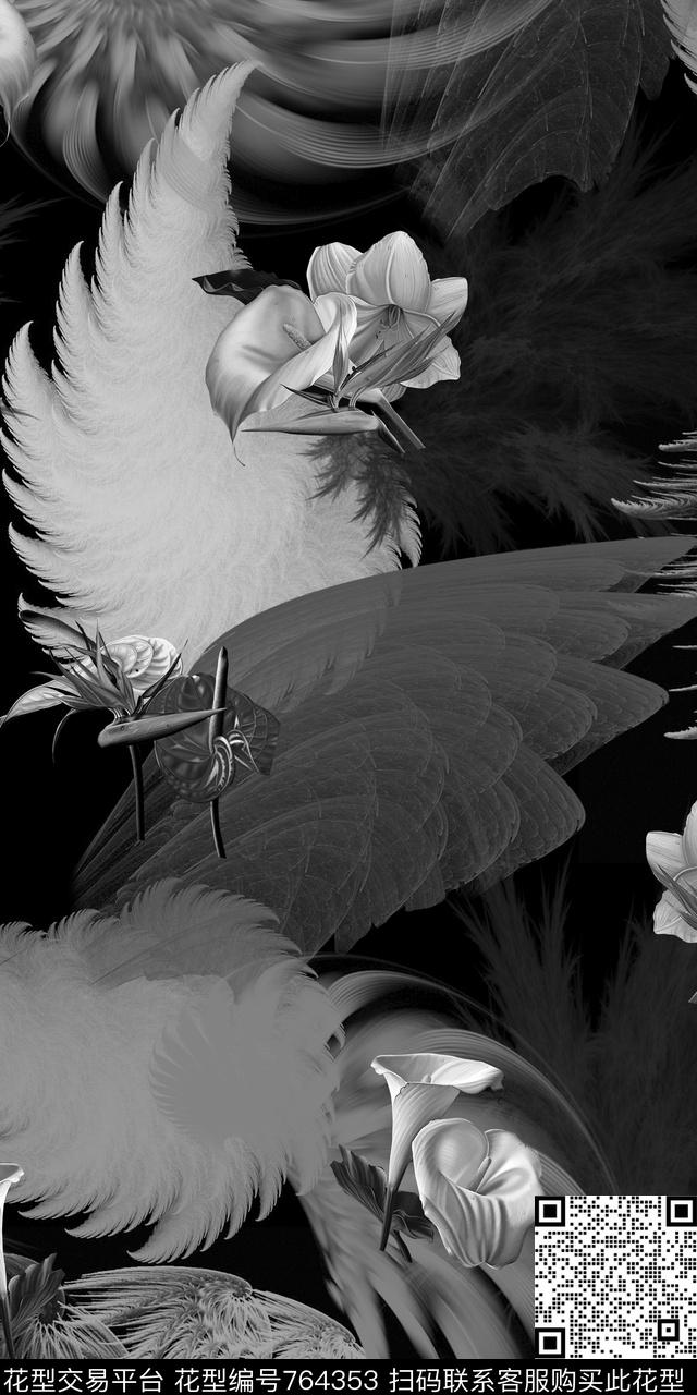 花卉暗黑羽毛翅膀传统印花华亿平台下载（图片编号: 764353） - 瓦栏（Walan）