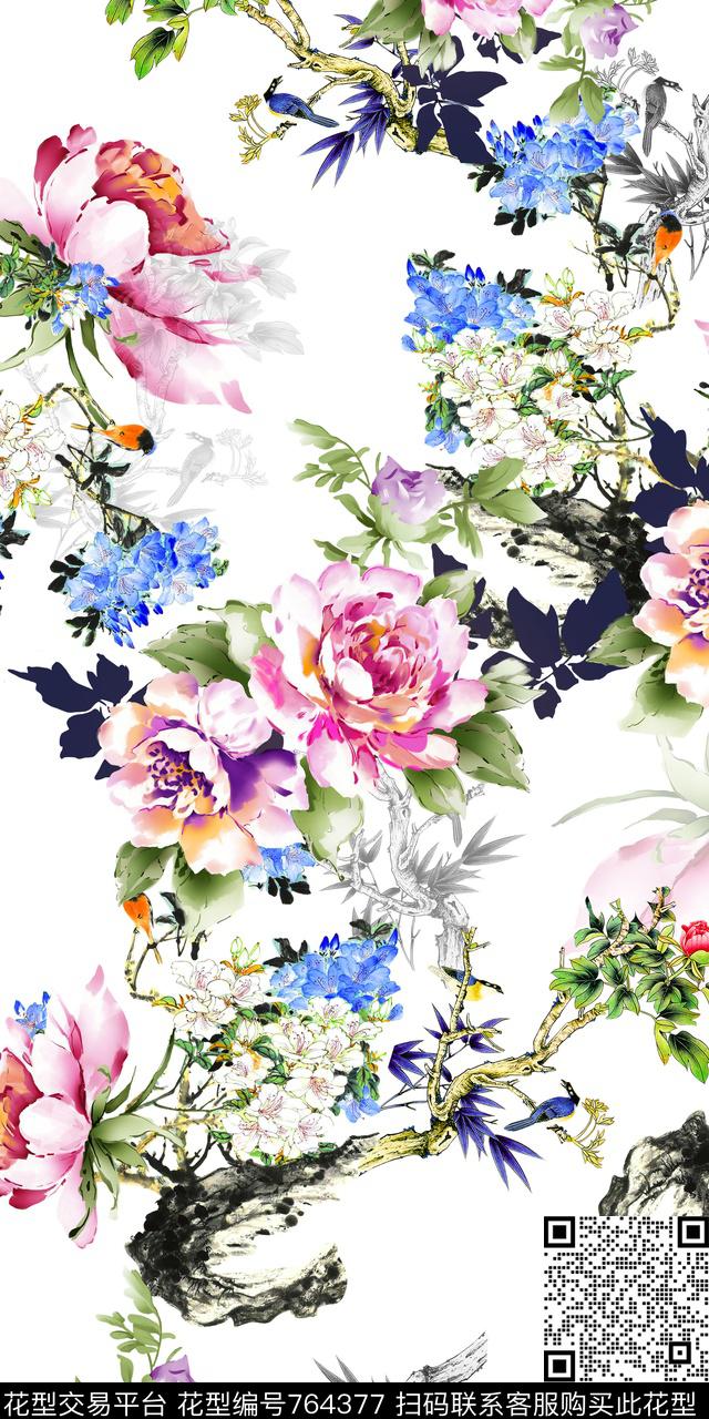 花卉清爽中国风数码印花华亿平台下载（图片编号: 764377） - 瓦栏（Walan）