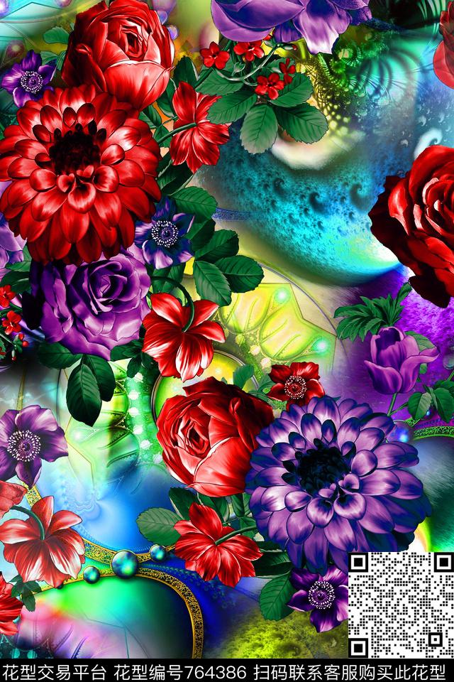 清爽花朵水彩数码印花华亿平台下载（图片编号: 764386） - 瓦栏（Walan）