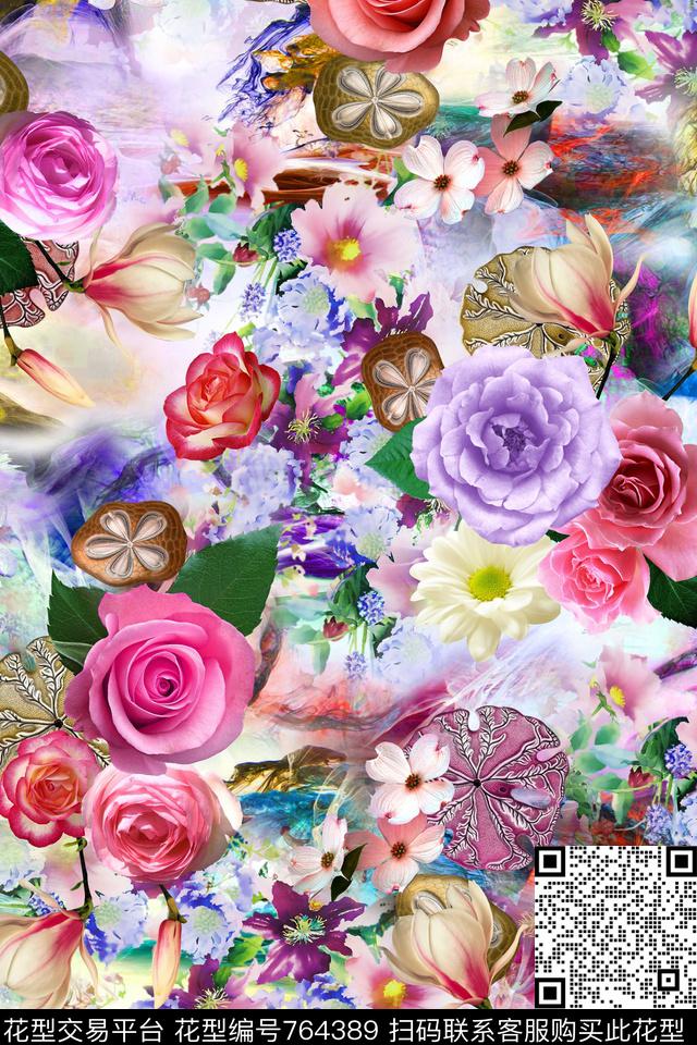 花朵清爽炫彩数码印花华亿平台下载（图片编号: 764389） - 瓦栏（Walan）