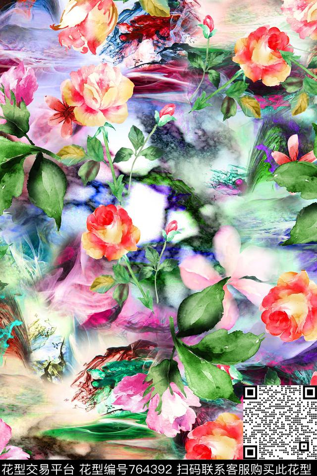 花朵清爽炫彩数码印花华亿平台下载（图片编号: 764392） - 瓦栏（Walan）