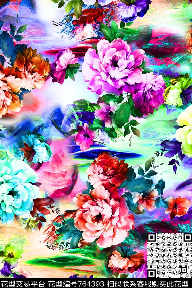 花朵清爽炫彩数码印花华亿平台下载（图片编号: 764393） - 瓦栏（Walan）