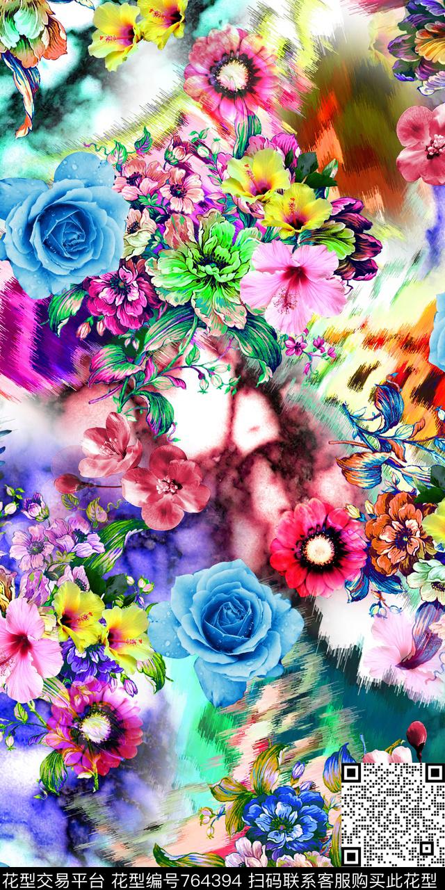 花朵清爽炫彩数码印花华亿平台下载（图片编号: 764394） - 瓦栏（Walan）