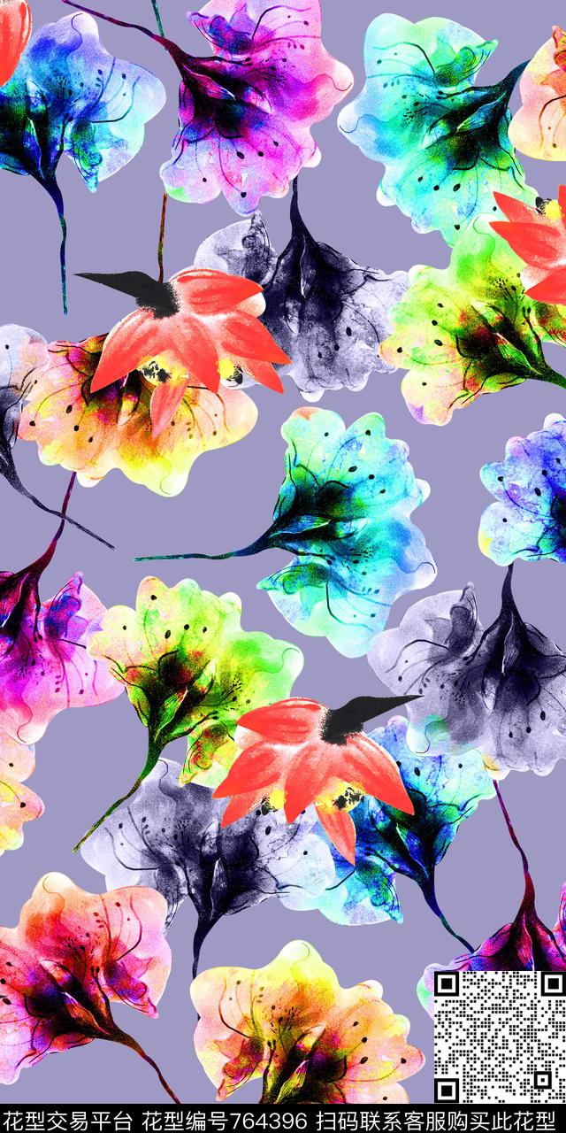 清爽花朵水彩数码印花华亿平台下载（图片编号: 764396） - 瓦栏（Walan）