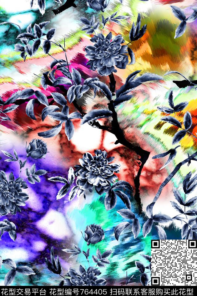 花朵清爽炫彩数码印花华亿平台下载（图片编号: 764405） - 瓦栏（Walan）