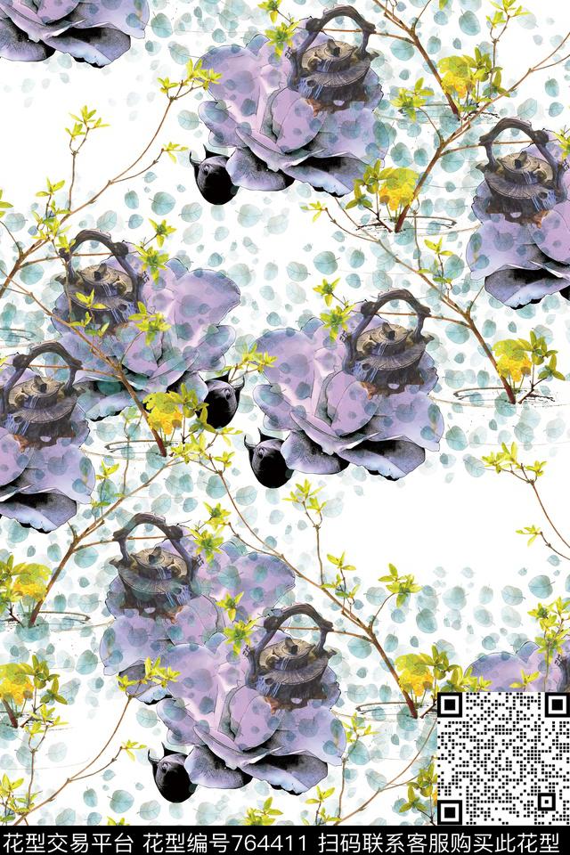 淡雅花朵花卉数码印花华亿平台下载（图片编号: 764411） - 瓦栏（Walan）