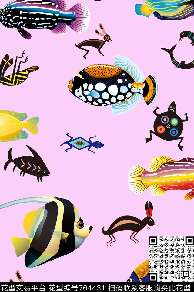 动物纹卡通鱼数码印花华亿平台下载（图片编号: 764431） - 瓦栏（Walan）
