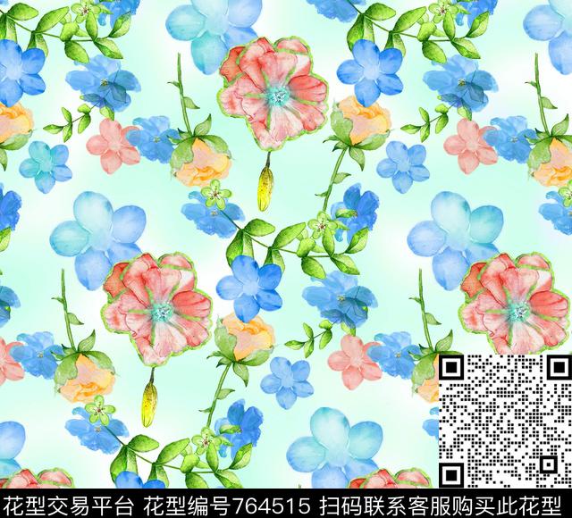 小碎花叶子花卉数码印花华亿平台下载（图片编号: 764515） - 瓦栏（Walan）