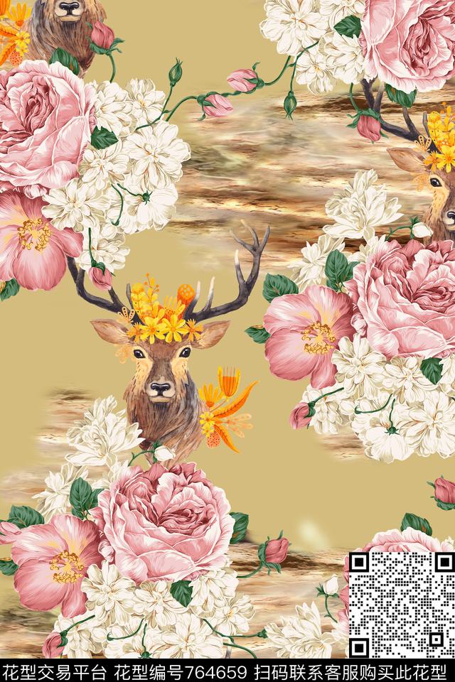 梅花鹿大花花卉手绘数码印花华亿平台下载（图片编号: 764659） - 瓦栏（Walan）