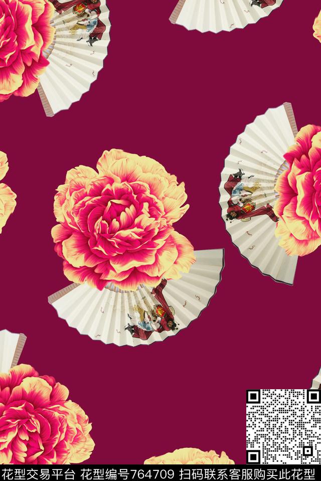 牡丹扇子中国风数码印花华亿平台下载（图片编号: 764709） - 瓦栏（Walan）