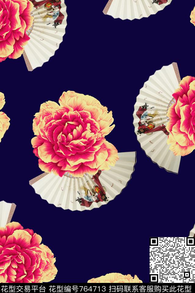 牡丹扇子中国风数码印花华亿平台下载（图片编号: 764713） - 瓦栏（Walan）