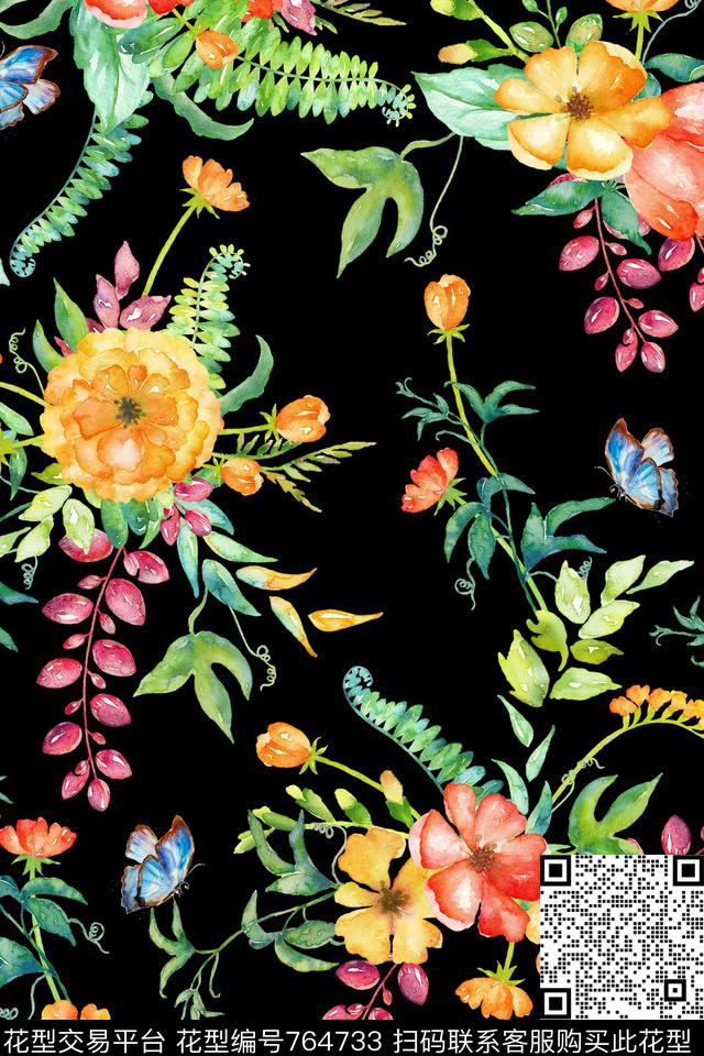 时尚手绘水彩数码印花华亿平台下载（图片编号: 764733） - 瓦栏（Walan）