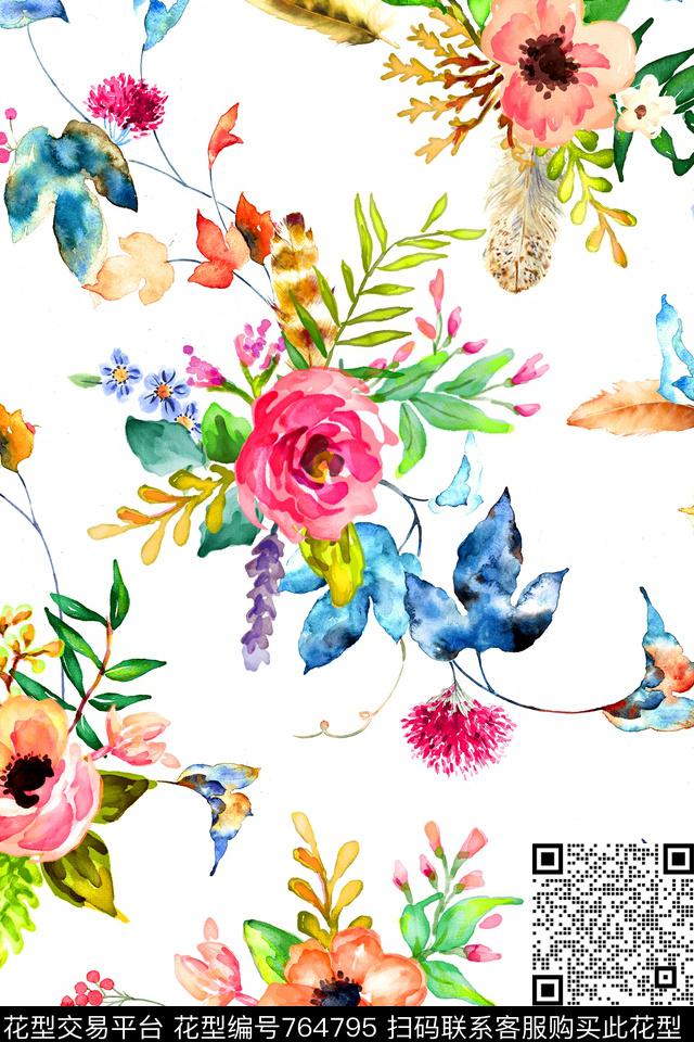 水彩花卉抽象画数码印花华亿平台下载（图片编号: 764795） - 瓦栏（Walan）