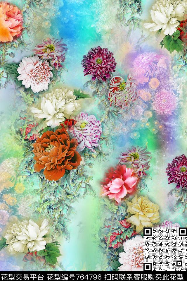 中国风国画牡丹数码印花华亿平台下载（图片编号: 764796） - 瓦栏（Walan）
