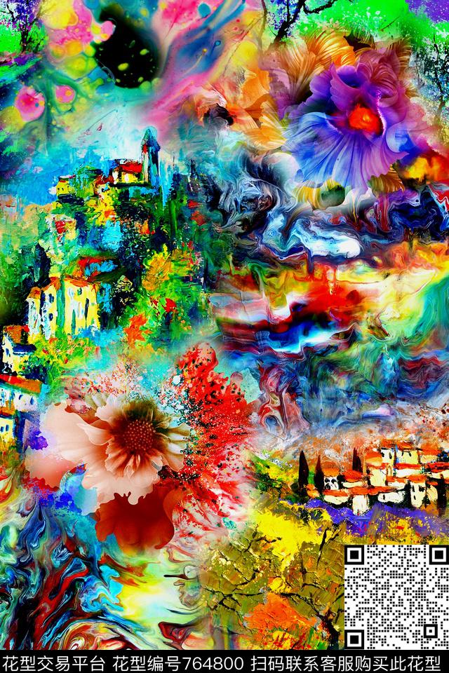 抽象油画花卉数码印花华亿平台下载（图片编号: 764800） - 瓦栏（Walan）