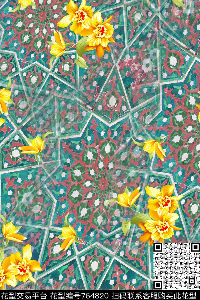 大花花朵花卉数码印花华亿平台下载（图片编号: 764820） - 瓦栏（Walan）
