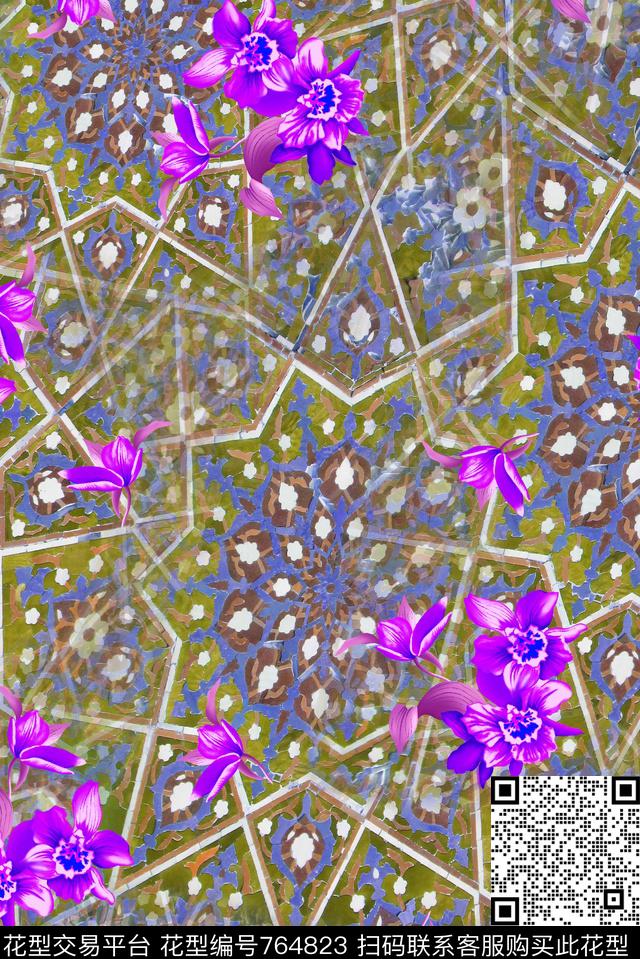 大花花朵花卉数码印花华亿平台下载（图片编号: 764823） - 瓦栏（Walan）