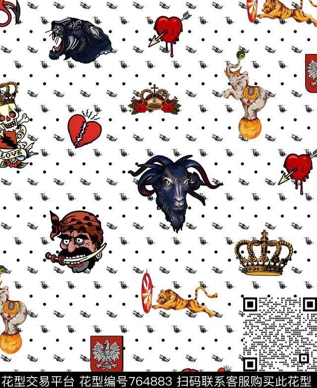 几何线条骷髅头数码印花华亿平台下载（图片编号: 764883） - 瓦栏（Walan）