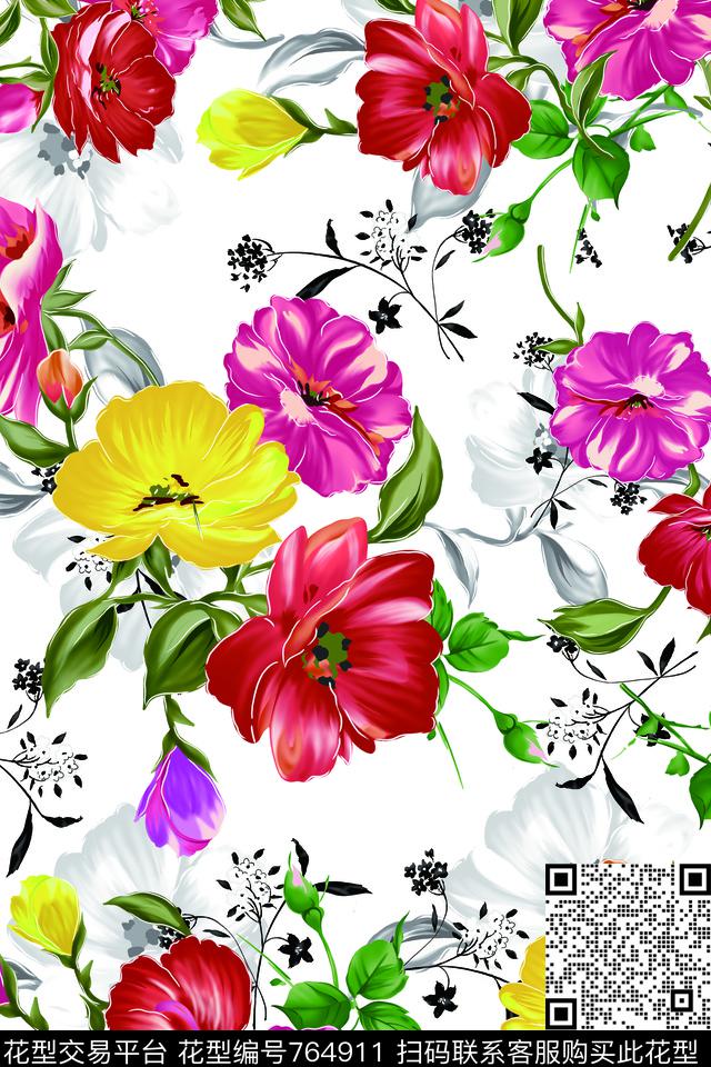 大花玫瑰兰花数码印花华亿平台下载（图片编号: 764911） - 瓦栏（Walan）