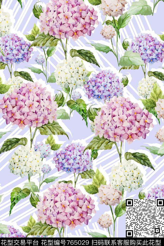 小清新时尚水彩花卉几何条纹组合数码印花华亿平台下载（图片编号: 765029） - 瓦栏（Walan）