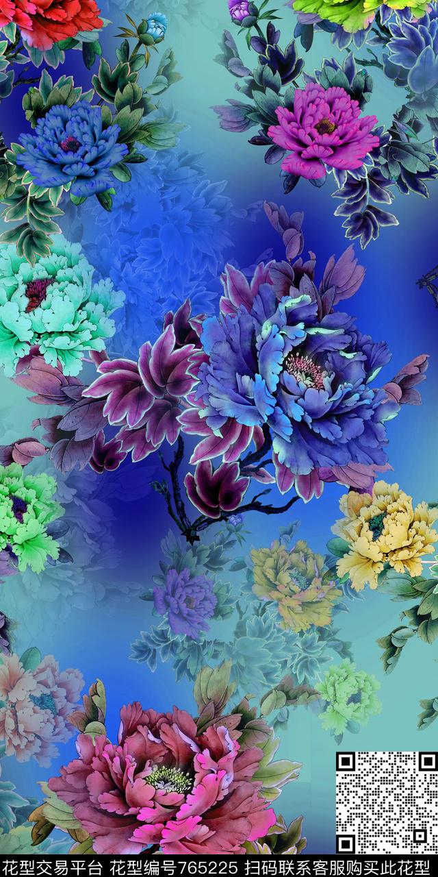 炫彩花朵牡丹数码印花华亿平台下载（图片编号: 765225） - 瓦栏（Walan）