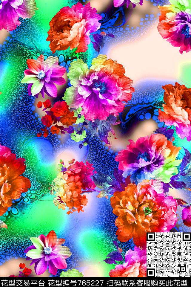 水彩花朵炫彩数码印花华亿平台下载（图片编号: 765227） - 瓦栏（Walan）