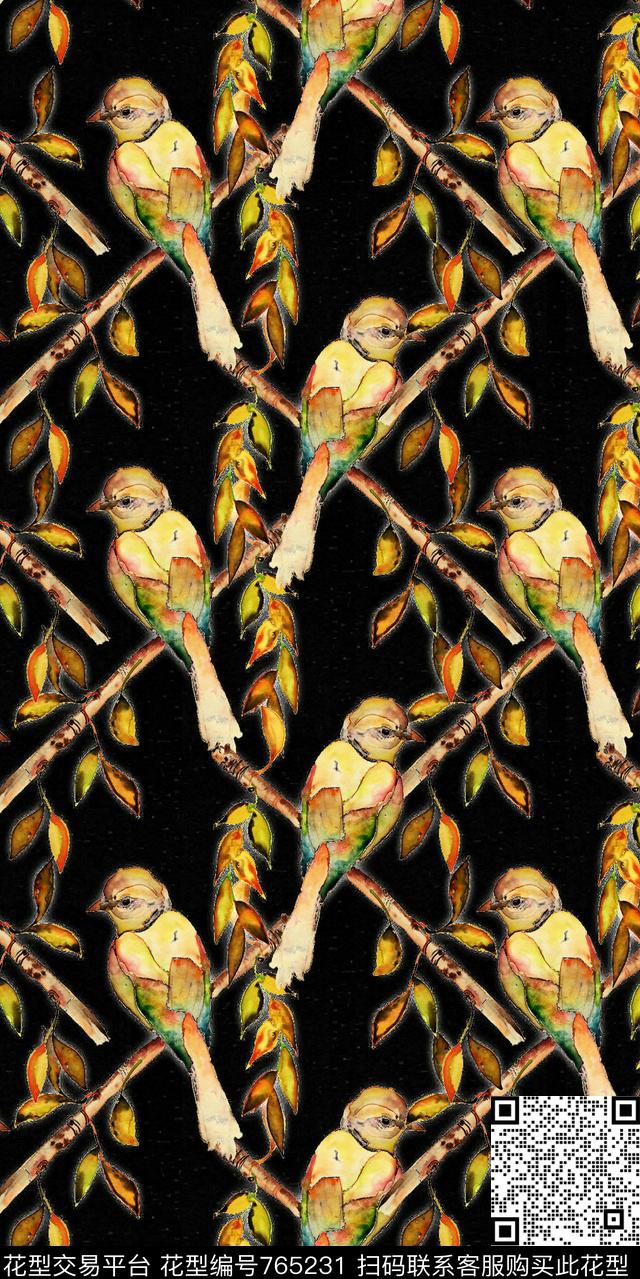 手绘鸟几何格子数码印花华亿平台下载（图片编号: 765231） - 瓦栏（Walan）