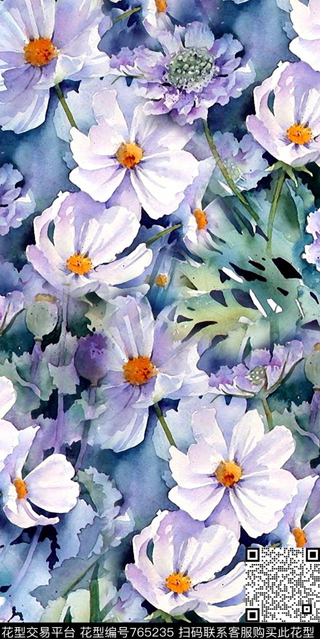 乱花雏菊手绘数码印花华亿平台下载（图片编号: 765235） - 瓦栏（Walan）