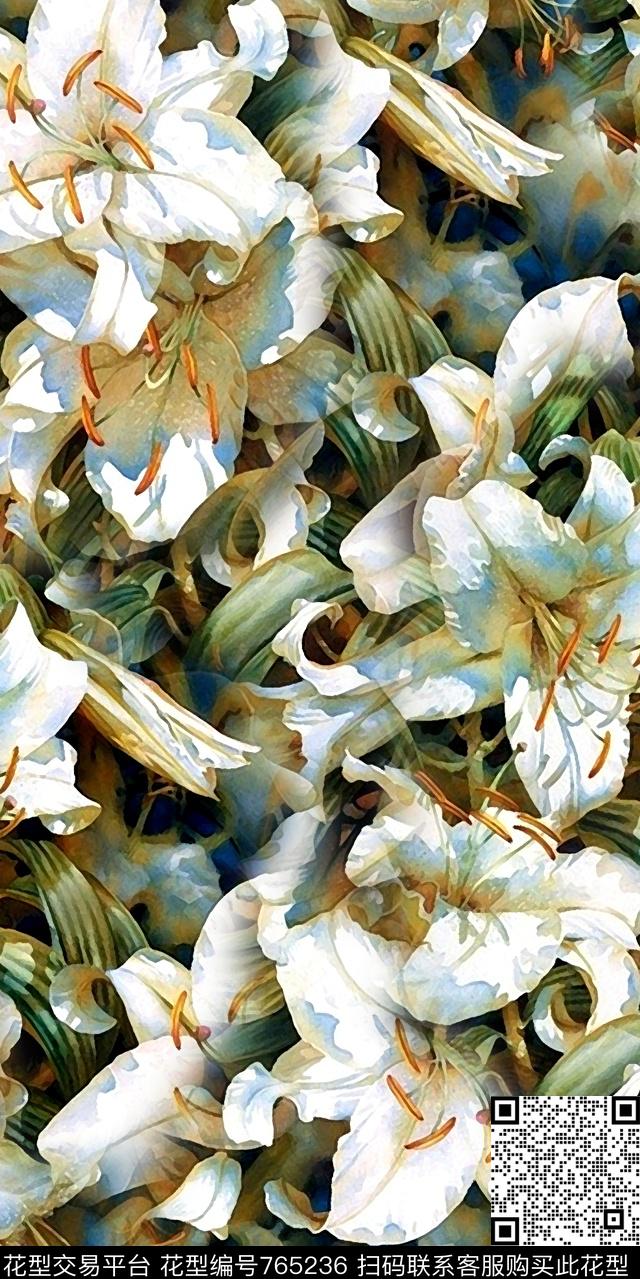 百合水彩手绘数码印花华亿平台下载（图片编号: 765236） - 瓦栏（Walan）