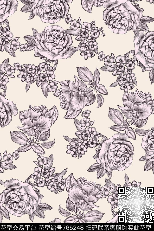 玫瑰花卉黑笔触、小花、传统印花华亿平台下载（图片编号: 765248） - 瓦栏（Walan）