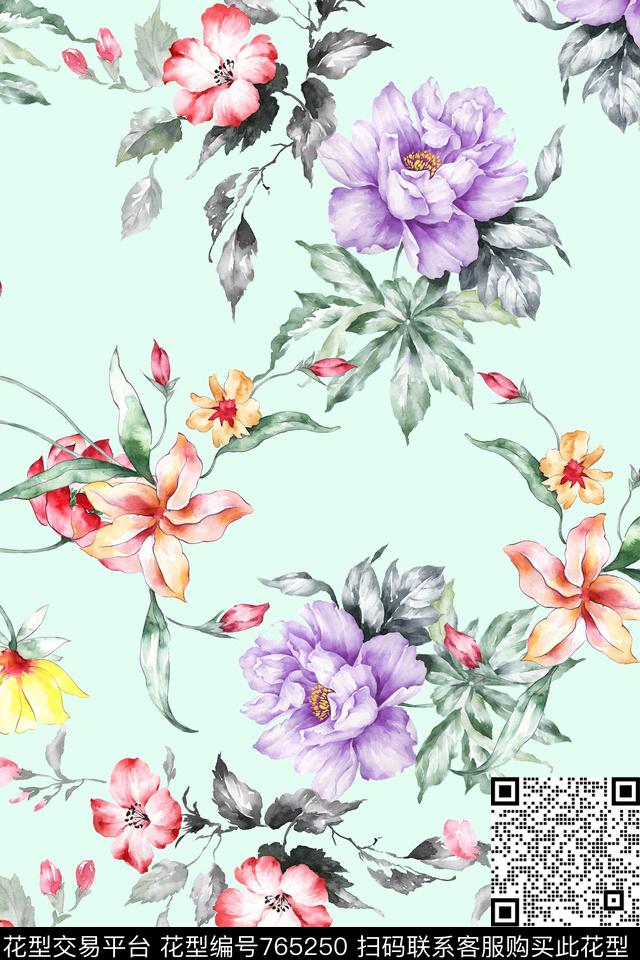 手绘花花卉水墨枝叶数码印花华亿平台下载（图片编号: 765250） - 瓦栏（Walan）