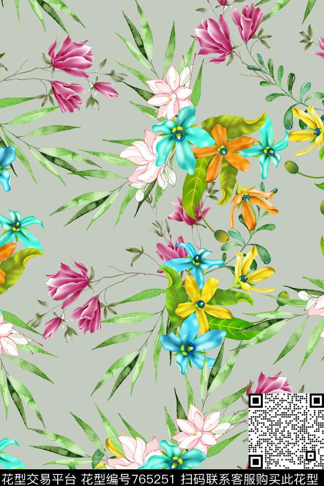 竹叶兰花百合数码印花华亿平台下载（图片编号: 765251） - 瓦栏（Walan）