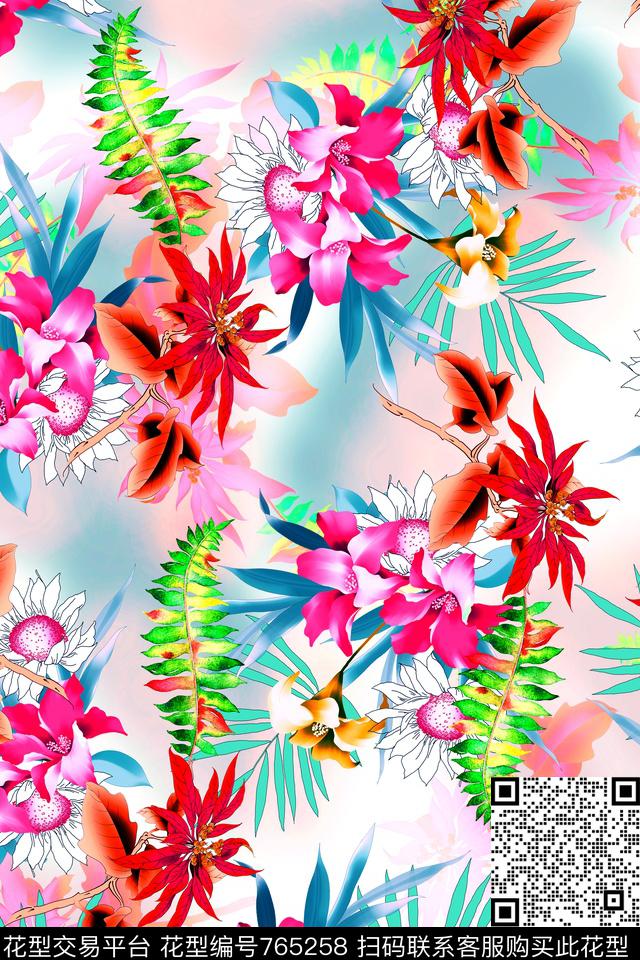 竹叶花卉葵花数码印花华亿平台下载（图片编号: 765258） - 瓦栏（Walan）