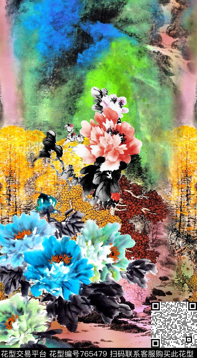 中国风花卉山水数码印花华亿平台下载（图片编号: 765479） - 瓦栏（Walan）
