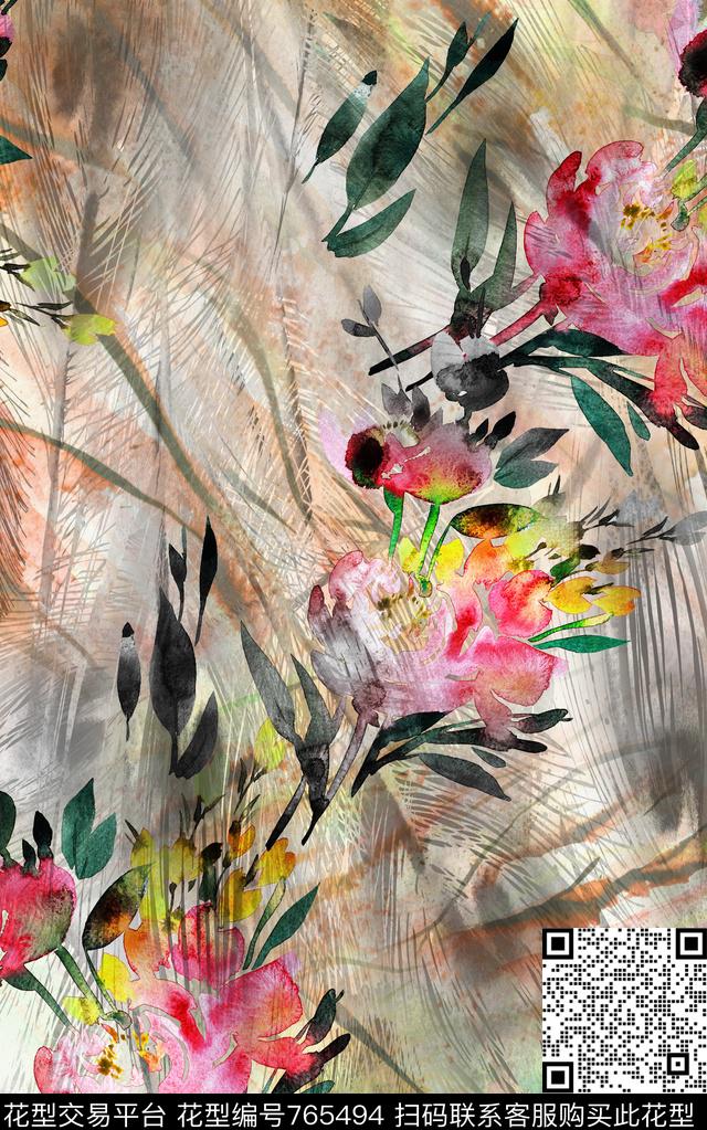花朵花卉水彩数码印花华亿平台下载（图片编号: 765494） - 瓦栏（Walan）