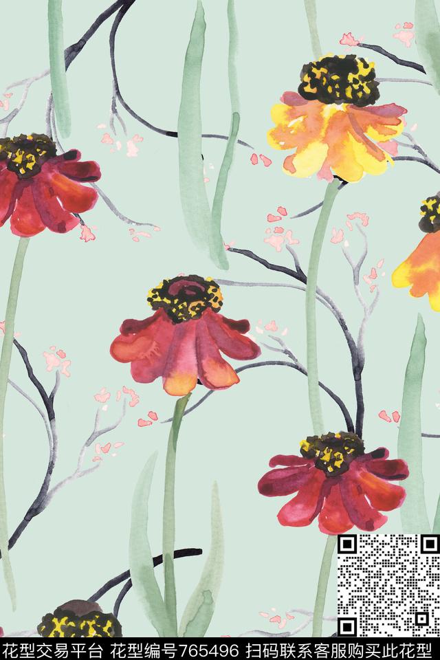 时尚手绘水彩数码印花华亿平台下载（图片编号: 765496） - 瓦栏（Walan）