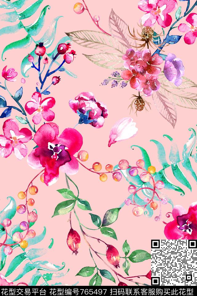 时尚手绘水彩数码印花华亿平台下载（图片编号: 765497） - 瓦栏（Walan）