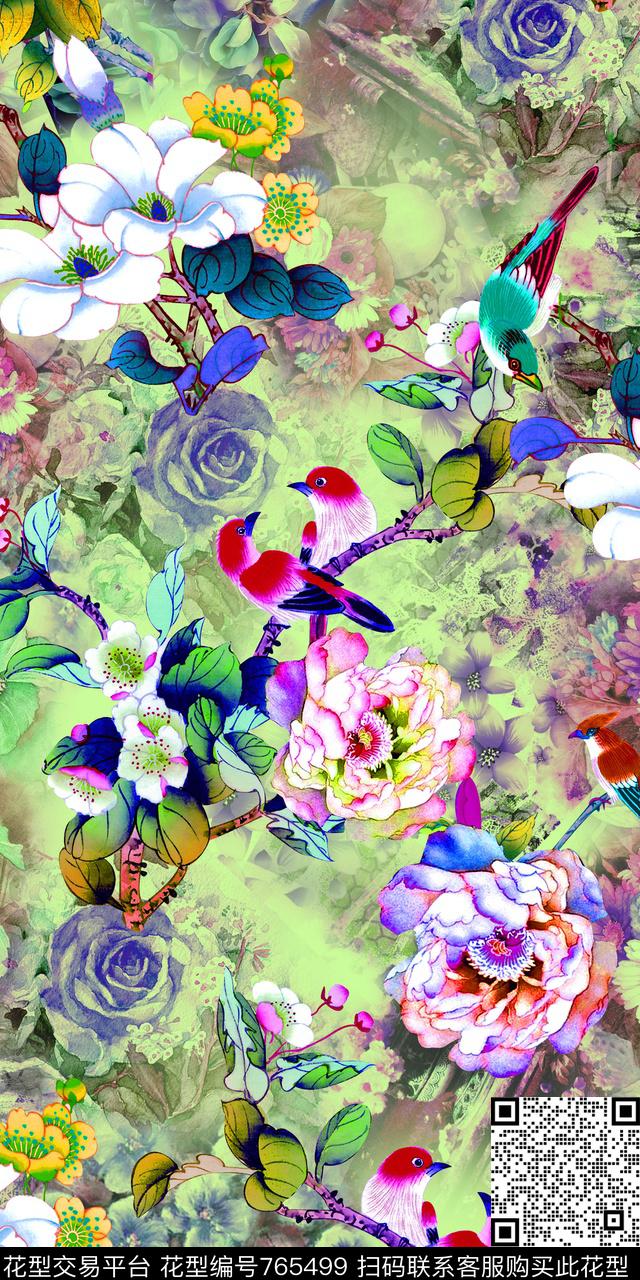 清爽花朵中国风数码印花华亿平台下载（图片编号: 765499） - 瓦栏（Walan）