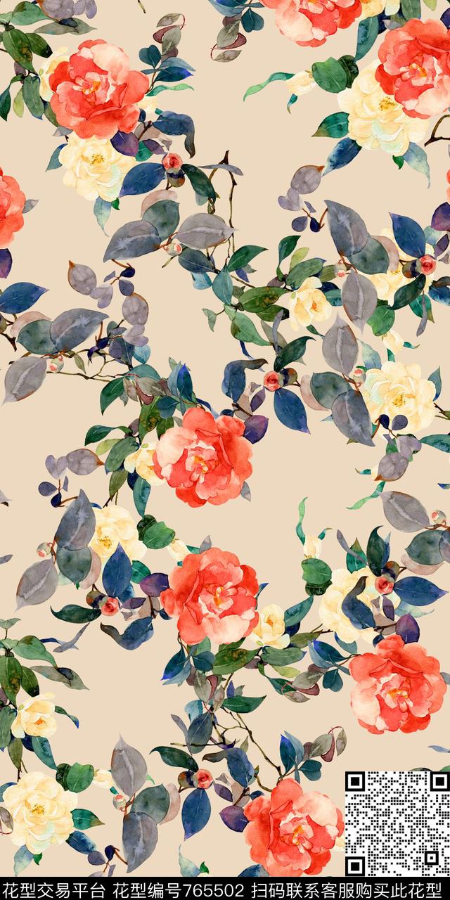 花朵清爽写实数码印花华亿平台下载（图片编号: 765502） - 瓦栏（Walan）