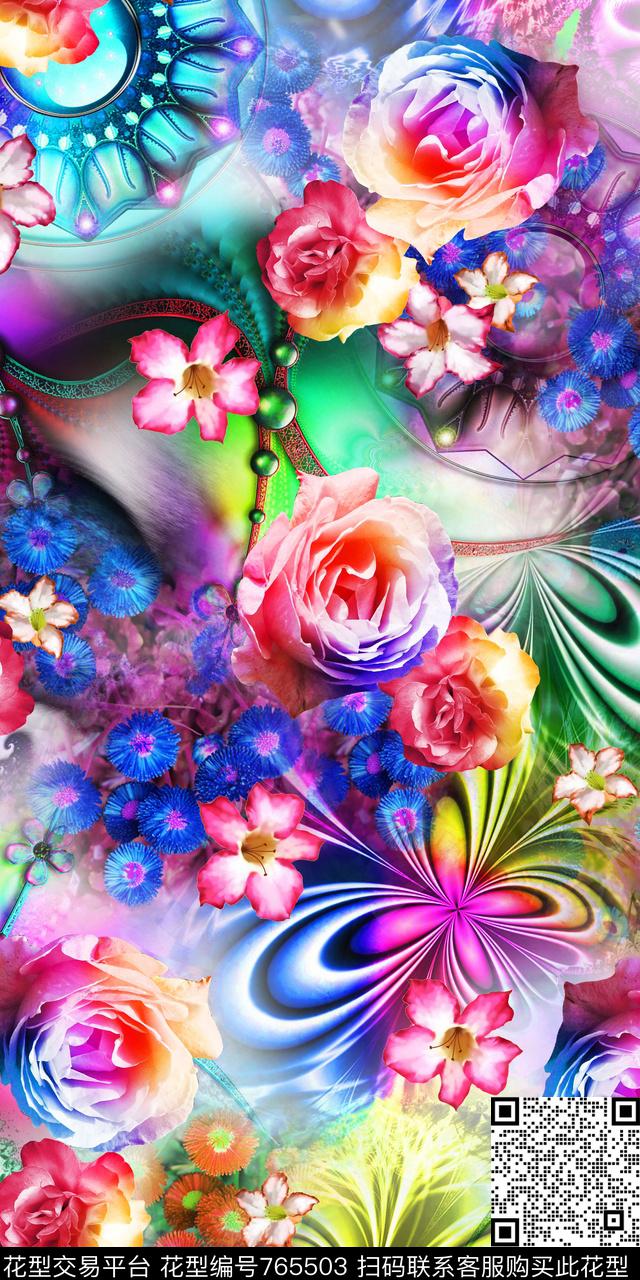 清爽花朵炫彩数码印花华亿平台下载（图片编号: 765503） - 瓦栏（Walan）