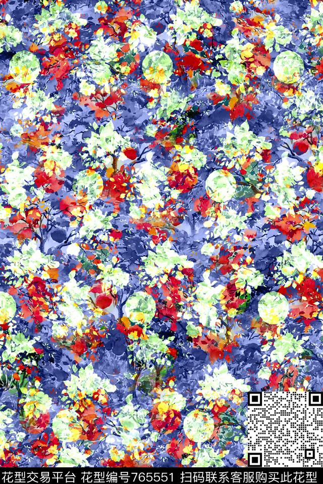 手绘抽象花卉数码印花华亿平台下载（图片编号: 765551） - 瓦栏（Walan）