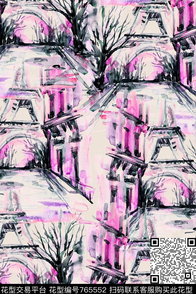 树木铁塔泼墨数码印花华亿平台下载（图片编号: 765552） - 瓦栏（Walan）