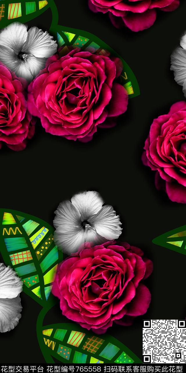 玫瑰花涂鸦线条花卉数码印花华亿平台下载（图片编号: 765558） - 瓦栏（Walan）