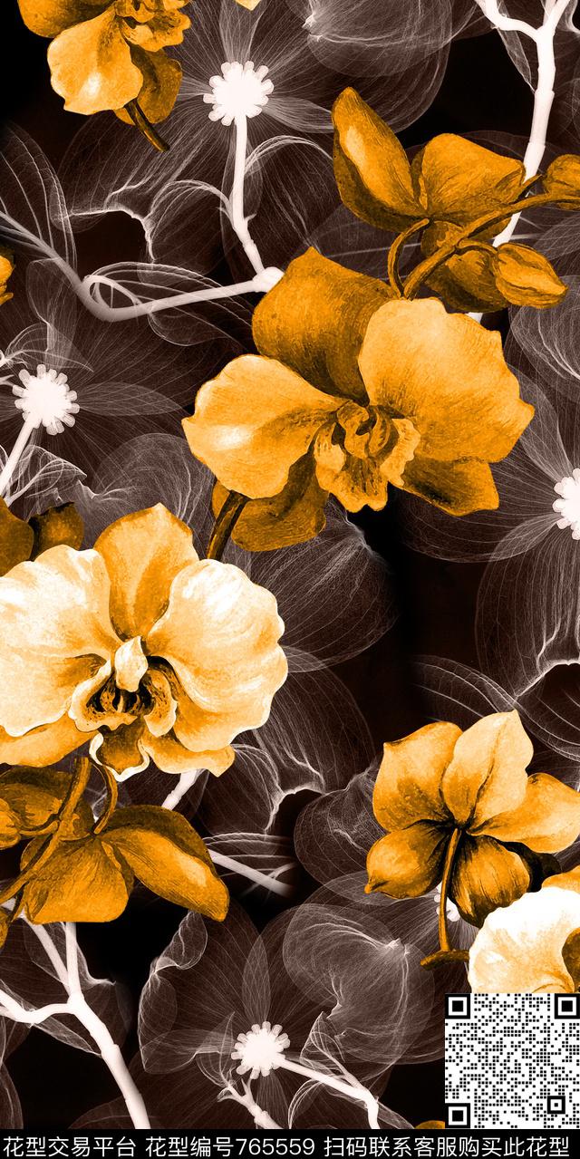花卉复古风黄金色数码印花华亿平台下载（图片编号: 765559） - 瓦栏（Walan）